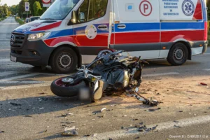 FOTO: Wypadek z motocyklem na Wolności – Kierujący w szpitalu, ruch wahadłowy!